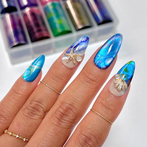 Nail Art Foil Box / Marble Waves Colorful Blue Red Green Abstract Tie Dye Tropical Beach