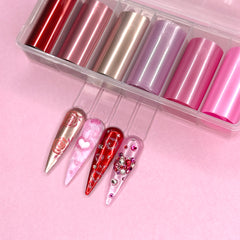 Nail Art Foil Box / 6 Designs/ Rosy Radiance Pink Red Metallic Satin Glazed