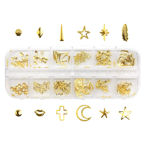 Nail Art 3D Gold Metal Stud Decors Mix Box Set / 12 Shapes