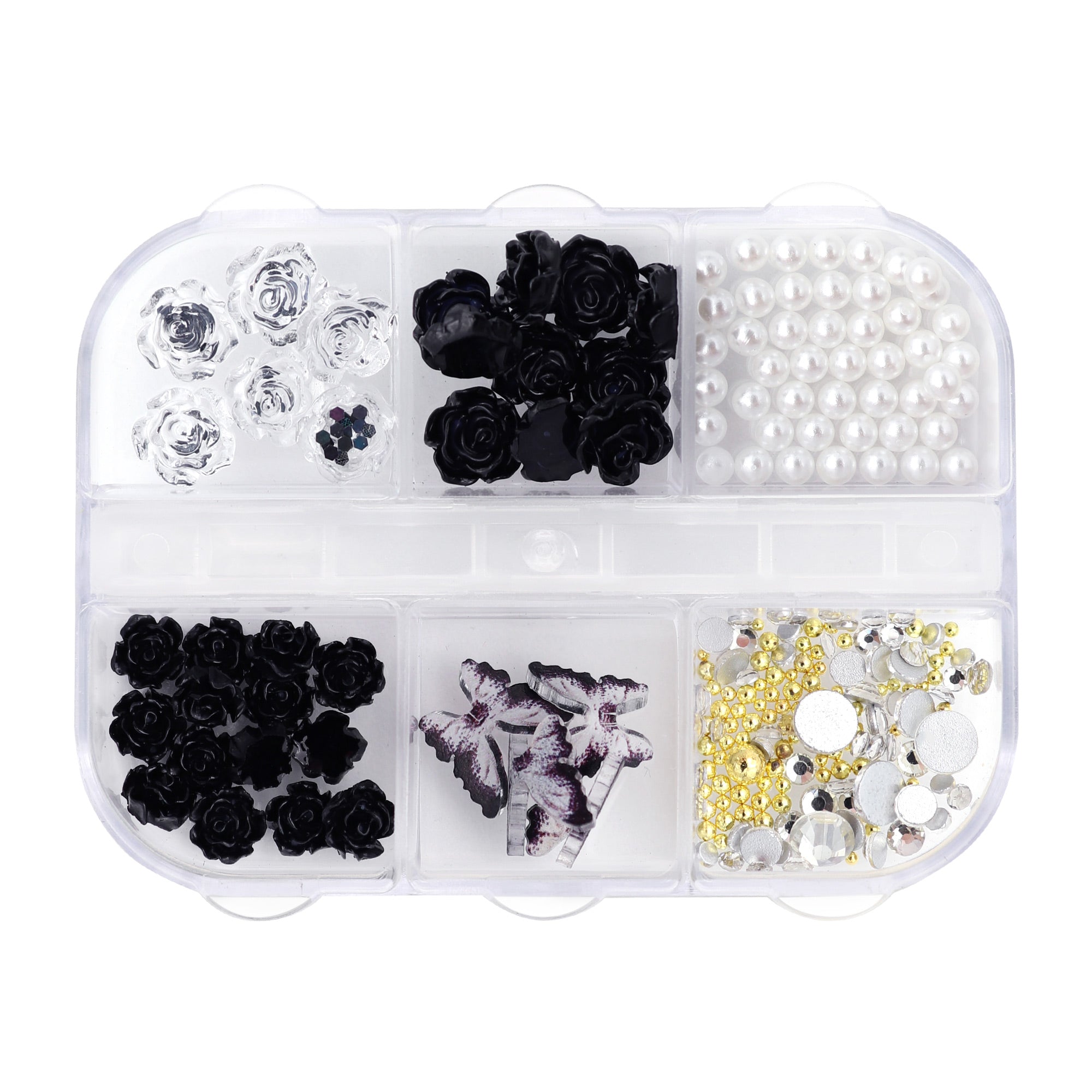 Black Roses & Butterfly Resin Nail Art Decor Box Pearl Gold Beads Crystal
