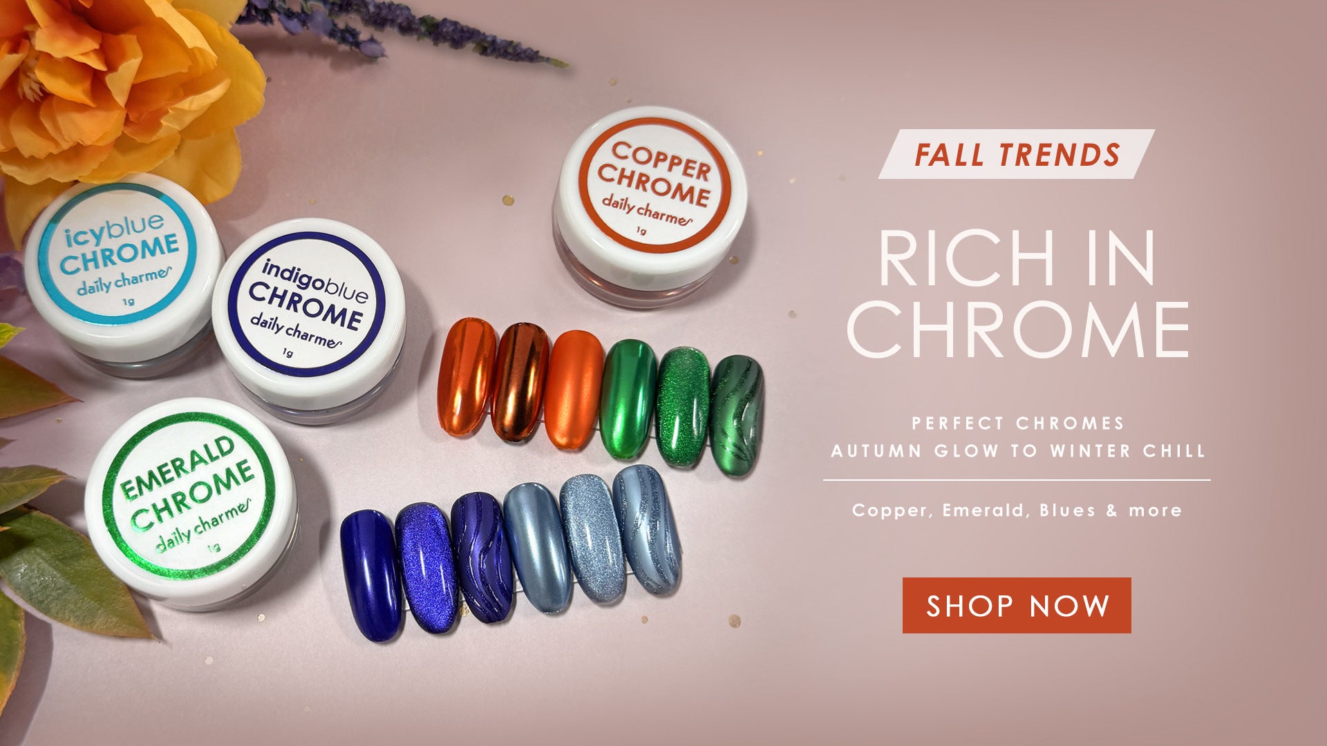 Fall nail trends metallic chrome powder in orange emerald and blue