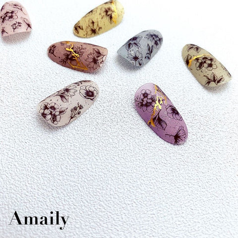 Amaily Japanese Nail Art Sticker / Classical Flowers / Black
