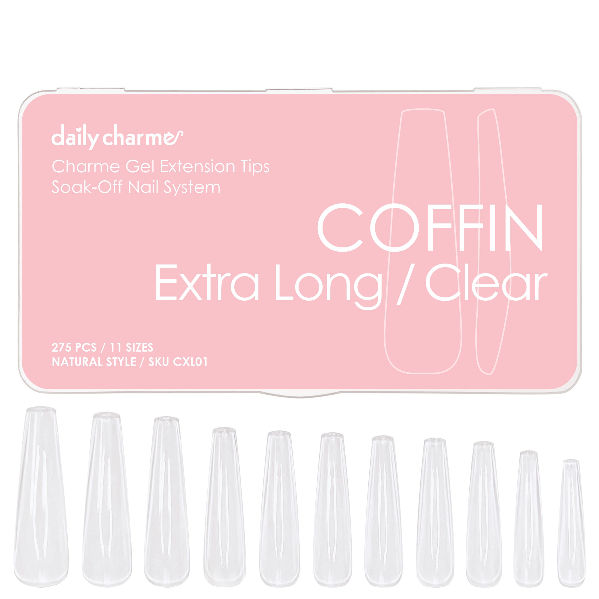 Charme Gel Extension Tips / Coffin Ballerina Extra Long / Clear Gel Nail