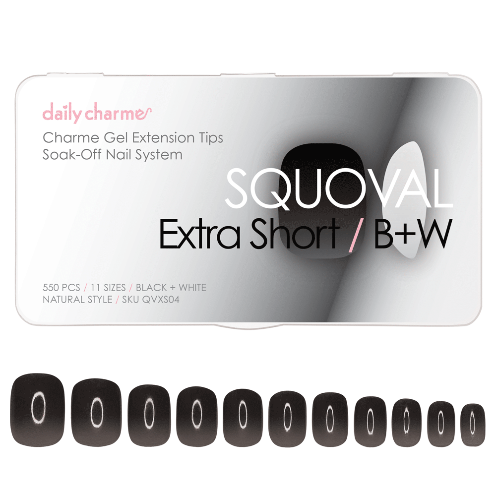 Charme Gel Extension Tips / Squoval / Extra Short / Black White Transparent 