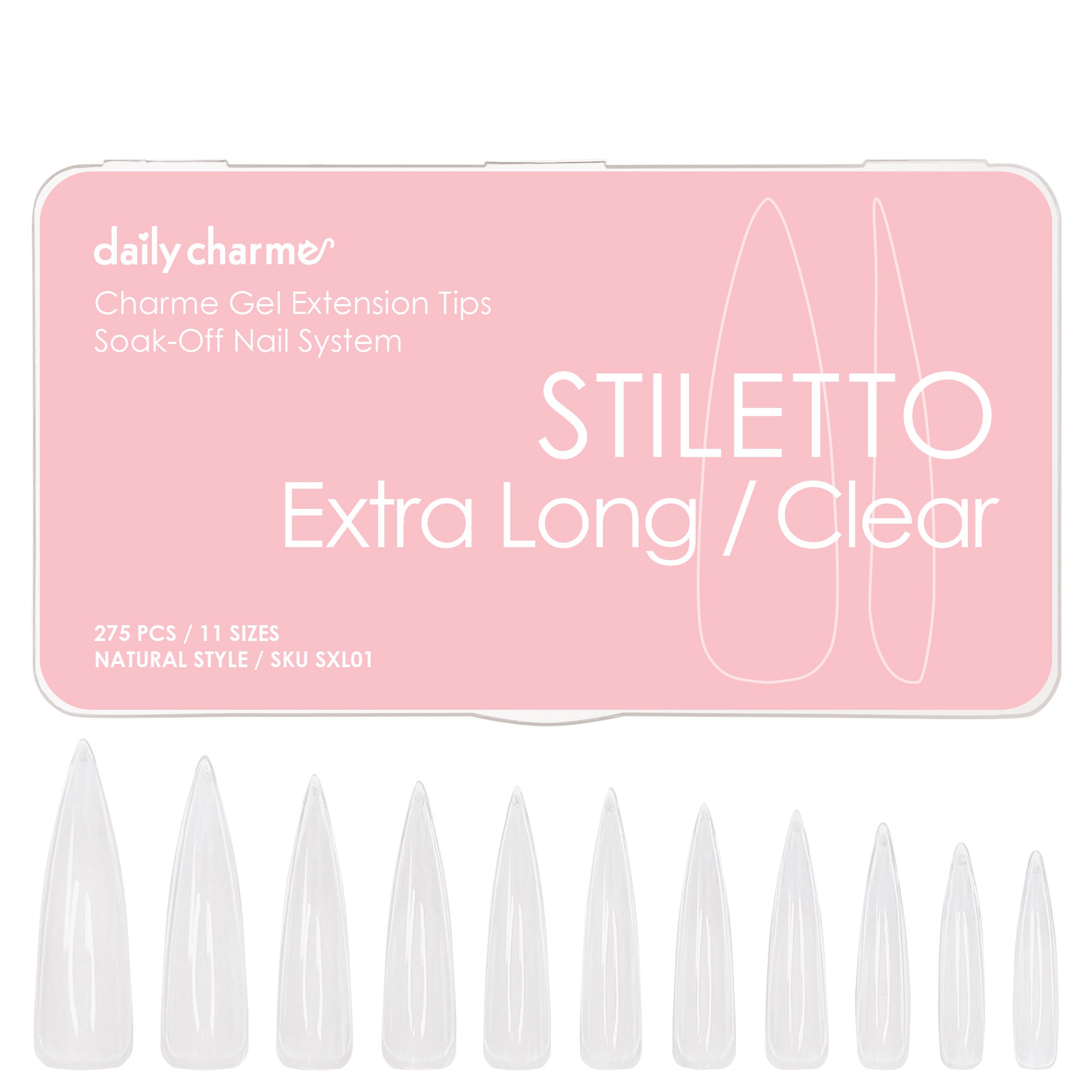Charme Gel Extension Tips / Stiletto / Extra Long / Clear Gel X Nail