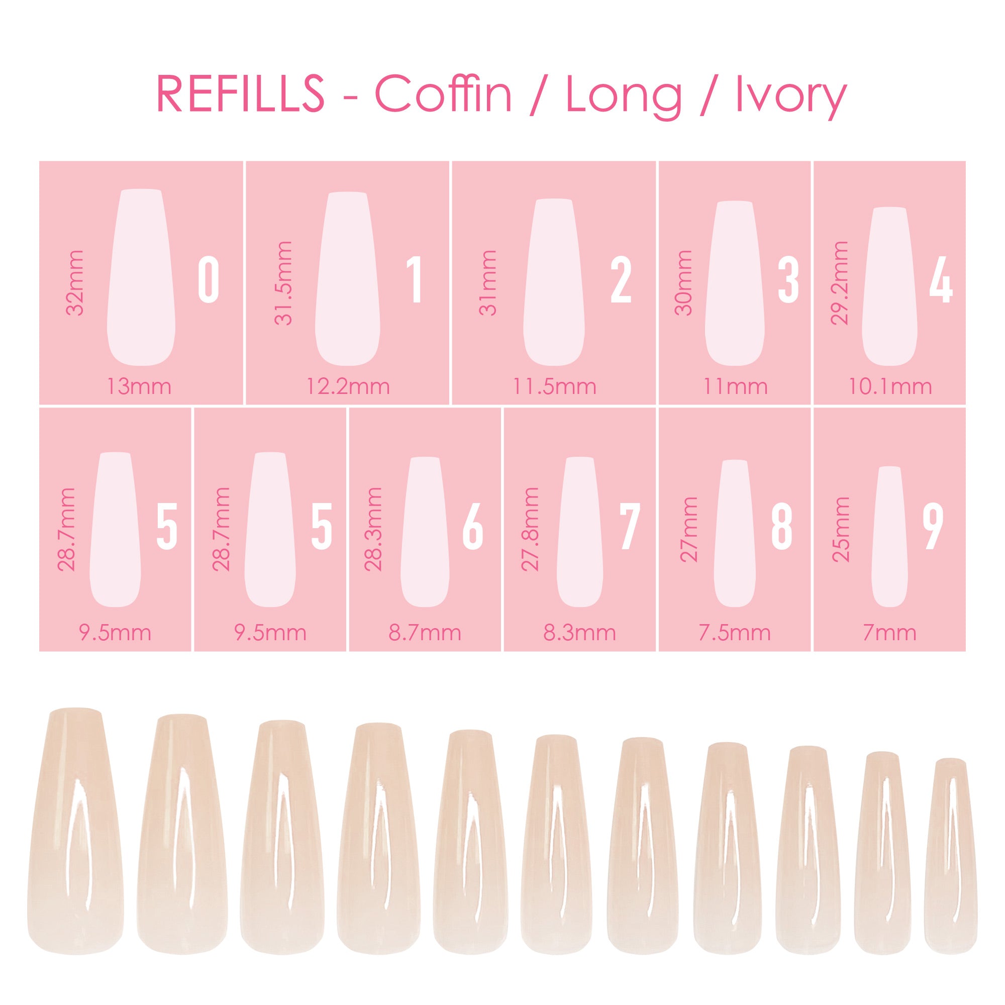 Charme Gel Extension Tips Refill / Coffin / Long / Ivory