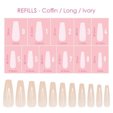 Charme Gel Extension Tips Refill / Coffin / Long / Ivory