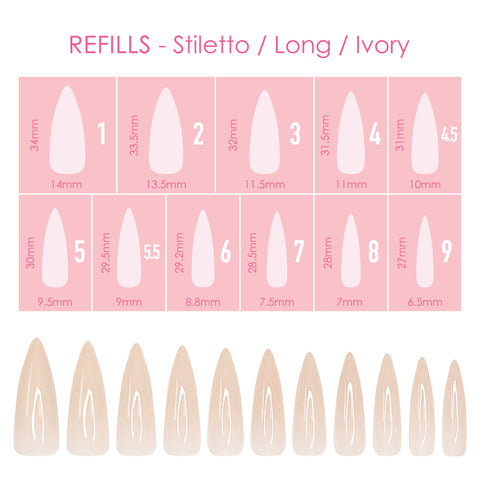 Charme Gel Extension Tips Refill / Stiletto / Long / Ivory
