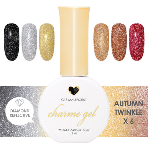 Charme Gel Autumn Twinkle Flash Collection / 6 Colors Black Silver Gold Rose Gold Red Reflective Nail Polish