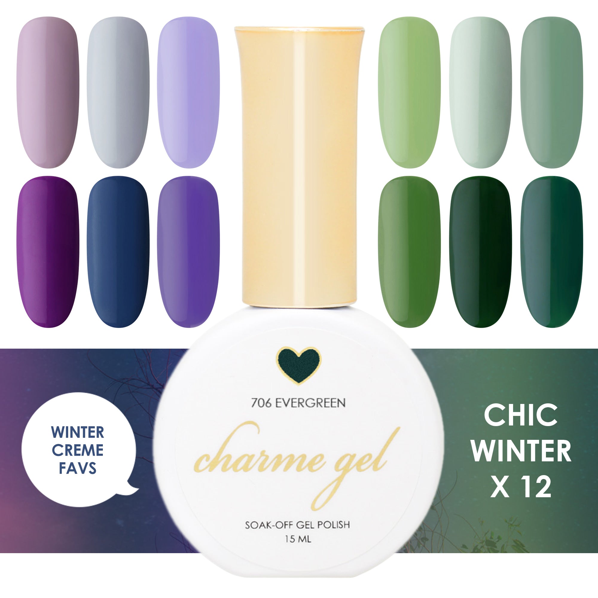 Charme Gel Chic Winter Collection / 12 Colors Green Purple Dark Pastel