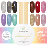 Charme Gel Holographic Twinkle Collection / 12 Colors Rainbow Black Red Pink Blue Green Rose Gold Flash Diamond Reflective Nail Polish