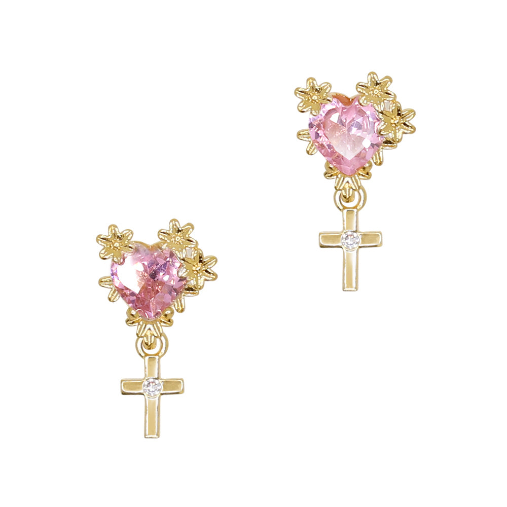 Ornate Cross Heart Dangle / Zircon Charm / Pink Valentine Nail Jewelry