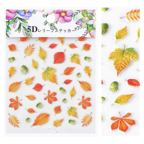 Embossed 3D Nail Art Sticker / Fall Leaves Red Orange Yellow Green Gradient
