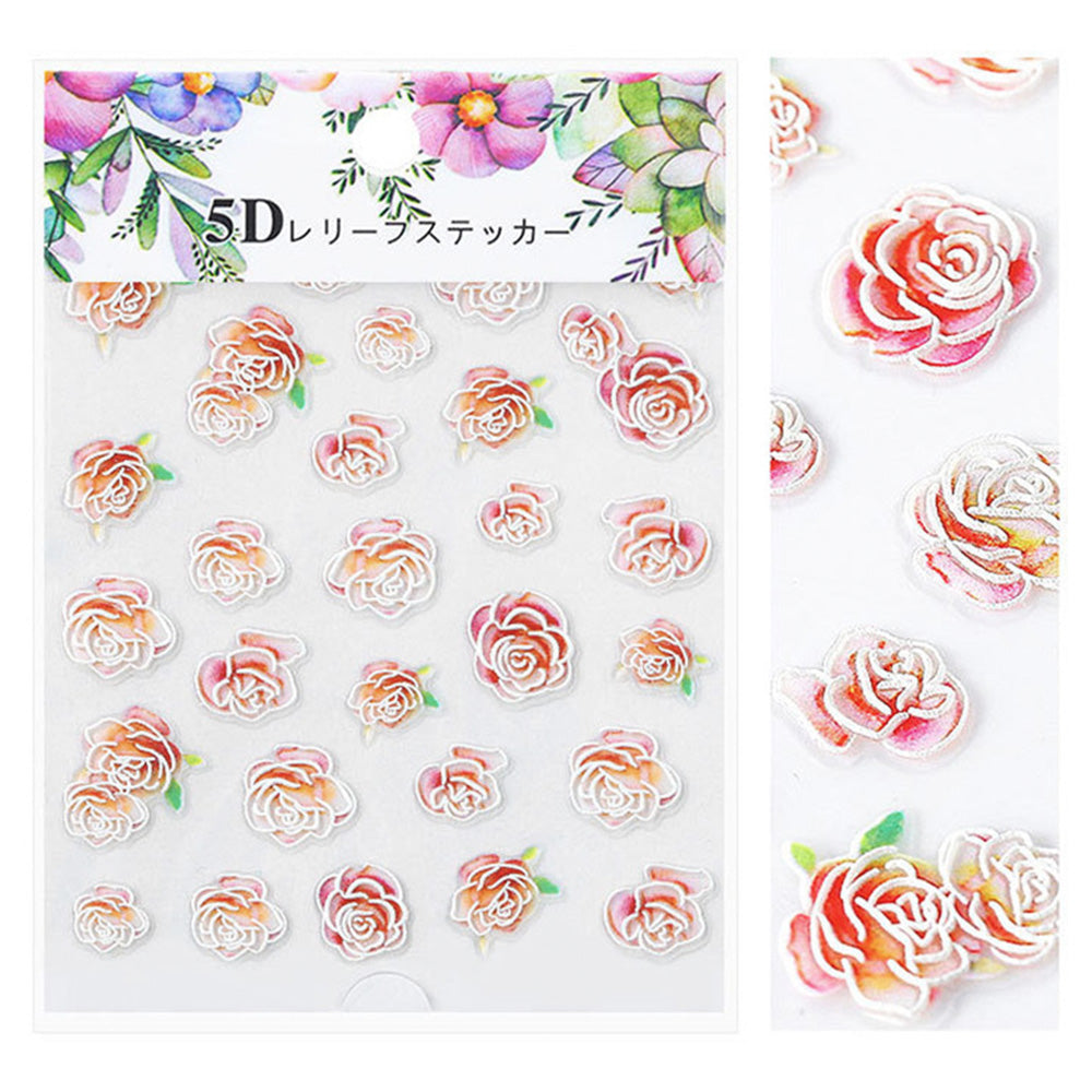 Embossed 3D Nail Art Sticker / Romantic Roses Red Pink