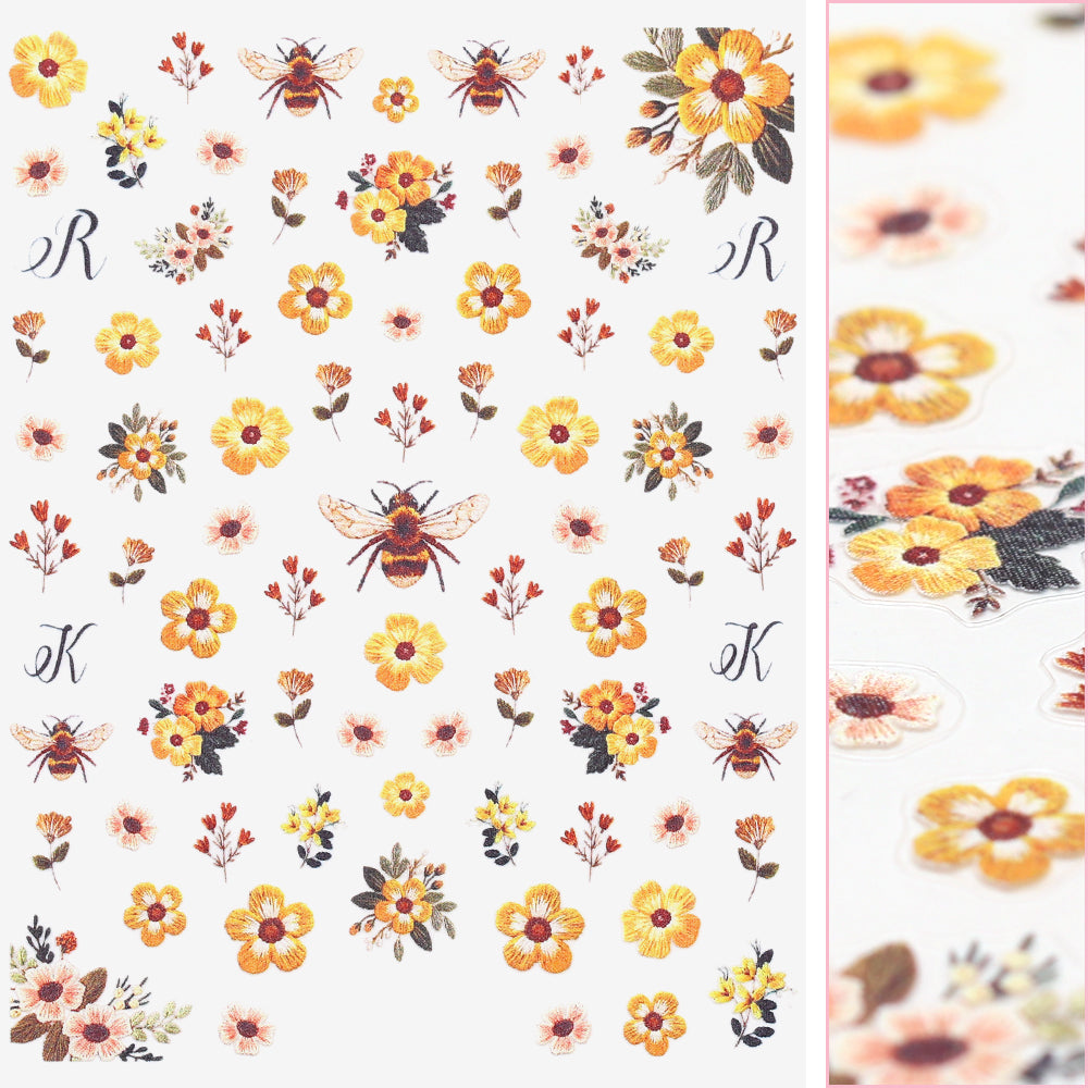 Floral Nail Art Sticker / Wildflower Embroidery Bee Flower Nail Design