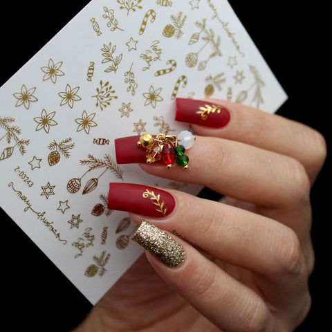 Gold Christmas Nail Art Sticker / Holly Jolly Garland Poinsettia