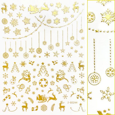 Gold Christmas Nail Art Sticker / Snowflakes & Baubles