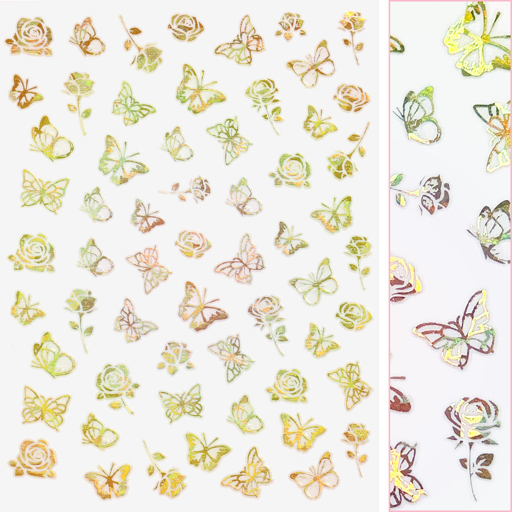 Holographic Butterfly Nail Art Sticker / Roses / Gold Spring Design