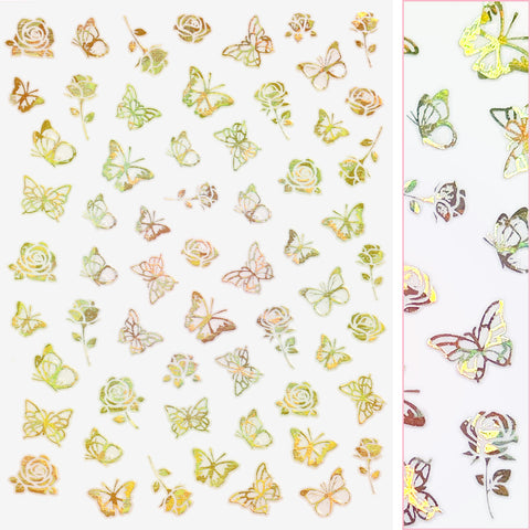 Holographic Butterfly Nail Art Sticker / Roses / Gold Spring Design