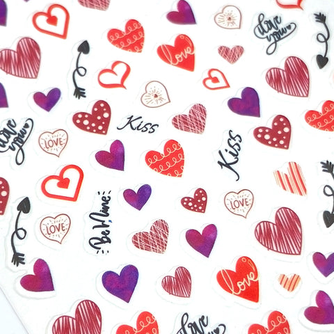 Valentine Nail Art Sticker / Heart Scribbles Doodle Design Red Kiss
