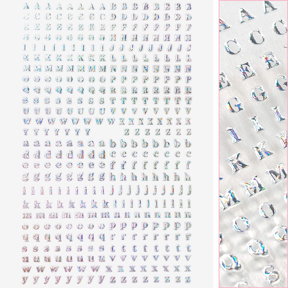 Small Typography Nail Art Sticker / Holographic Silver Letters Design