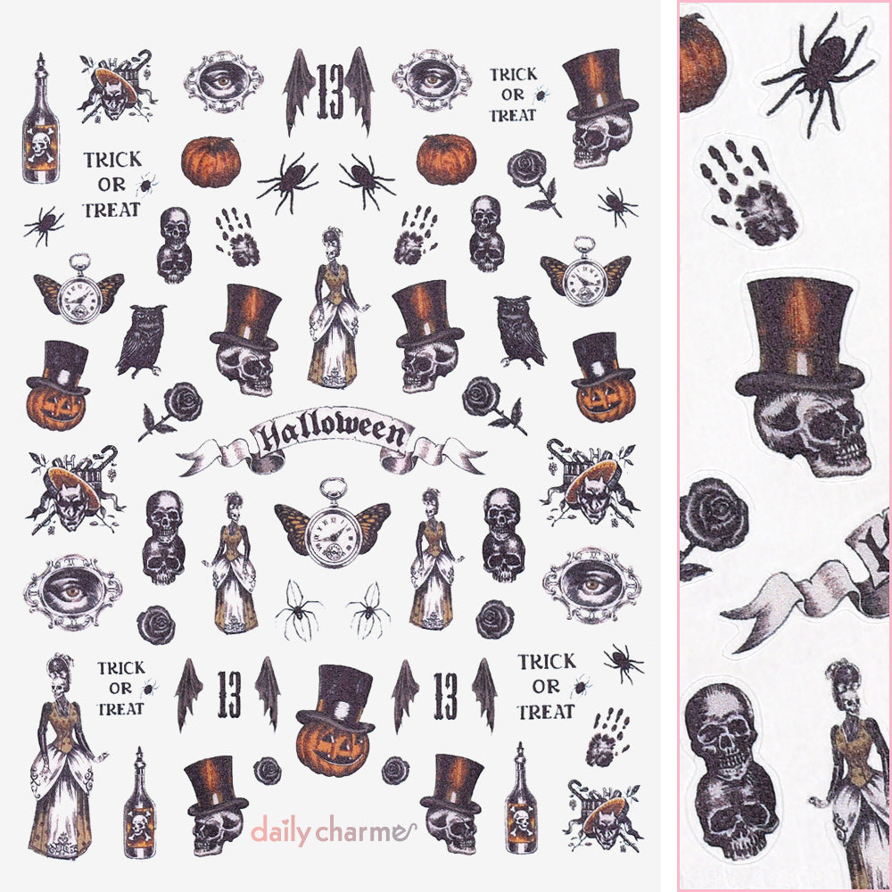 Spooky Halloween Nail Art Sticker / Victorian Halloween Skull Skeleton Spider
