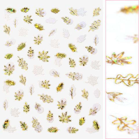 Floral Nail Art Sticker / Frosty Leaf Gold White Snow