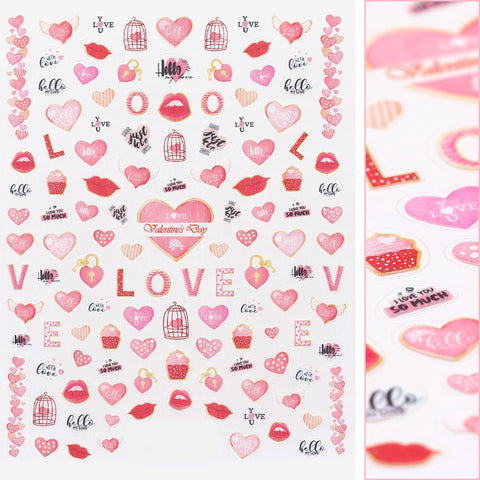 Valentine Nail Art Sticker / With Love Pink Heart Lip Cupcake 