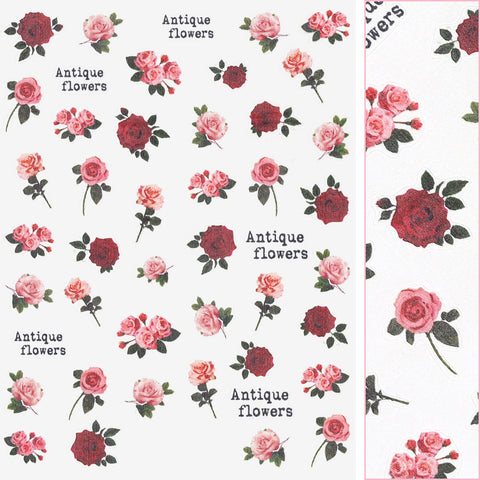 Floral Nail Art Sticker / Antique Roses Pink Red Valentine Design