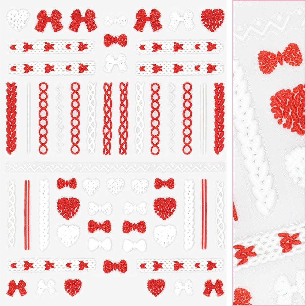 3D Embossed Nail Art Sticker / Lovely Sweaters Red White Bow Heart