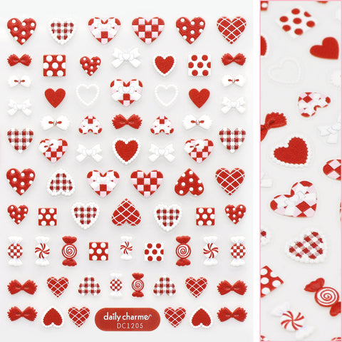 3D Embossed Nail Art Sticker / Patchwork Hearts Valentine's Day Nail Design Red White