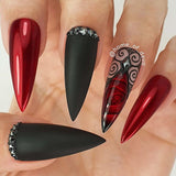 Black Red Chrome Nails with Swarovski Crystals Gothic Design
