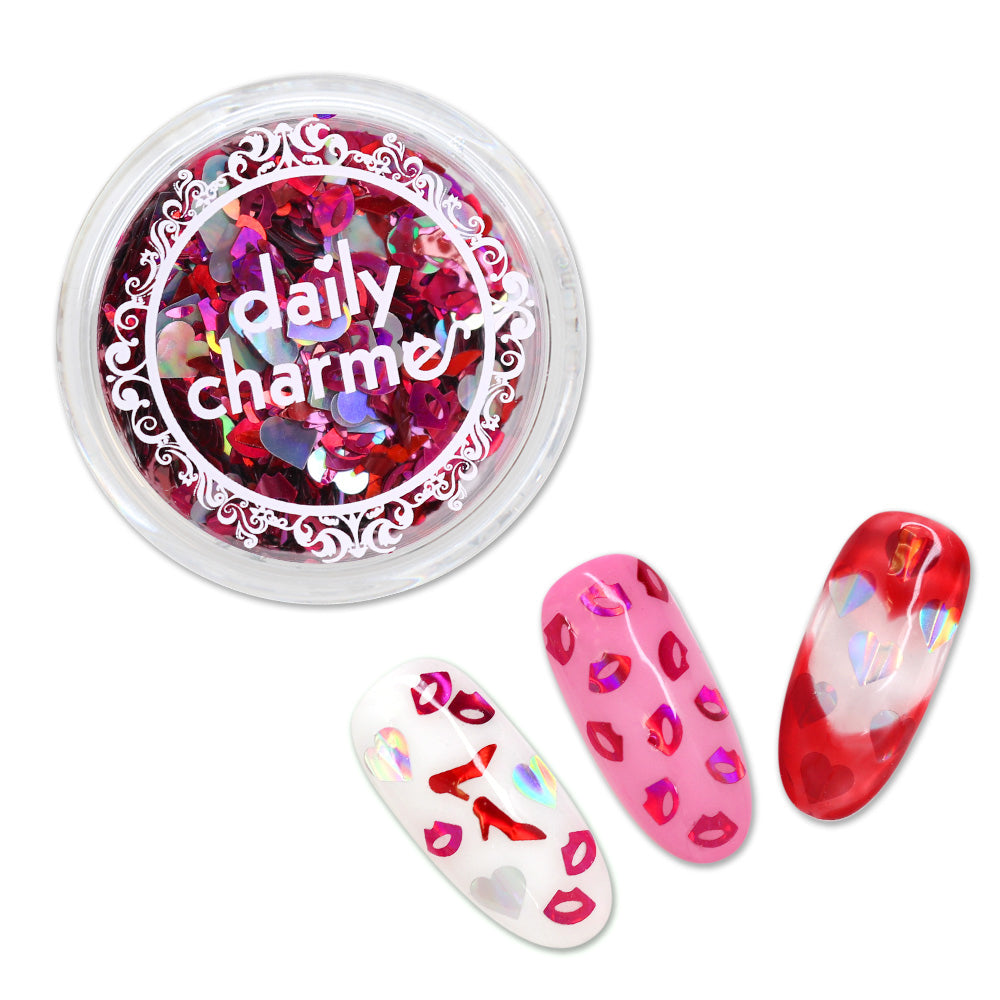 Lovely Heart Glitter Mix / Kiss Me Tonight Nail Art Lip Heel Holographic Pink