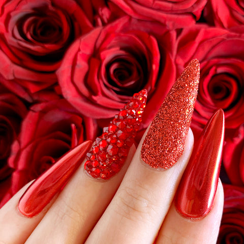 Valentine Red Glitter Chrome Nails with Swarovski Light Siam Crystals
