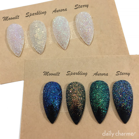 What glitter is used to create the sugar effect in the first picture?  Creator specifically mentioned pixie glitter from Daily Charme, but after  looking for almost an hour, I can't find something like that. Thank you for  the help in advance! : r/Nailtechs