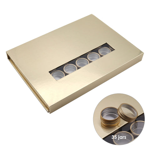 Nail Art Storage Box / Gold / 35 Jars Organization Crystal Charm Jewelry Resins Rhinestone Pearl