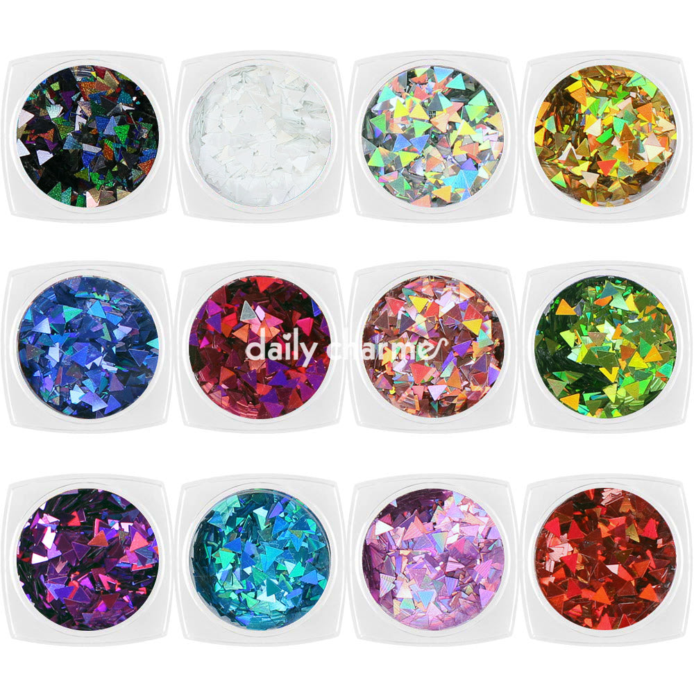 Colorful Holographic Triangle Glitter Set 12 Jars Glitter Placement Pattern Bow Design