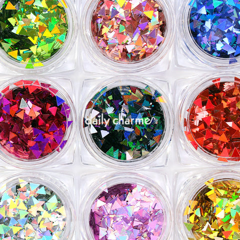 Colorful Holographic Triangle Glitter Set 12 Jars Glitter Placement Pattern Bow Design DIY Nail