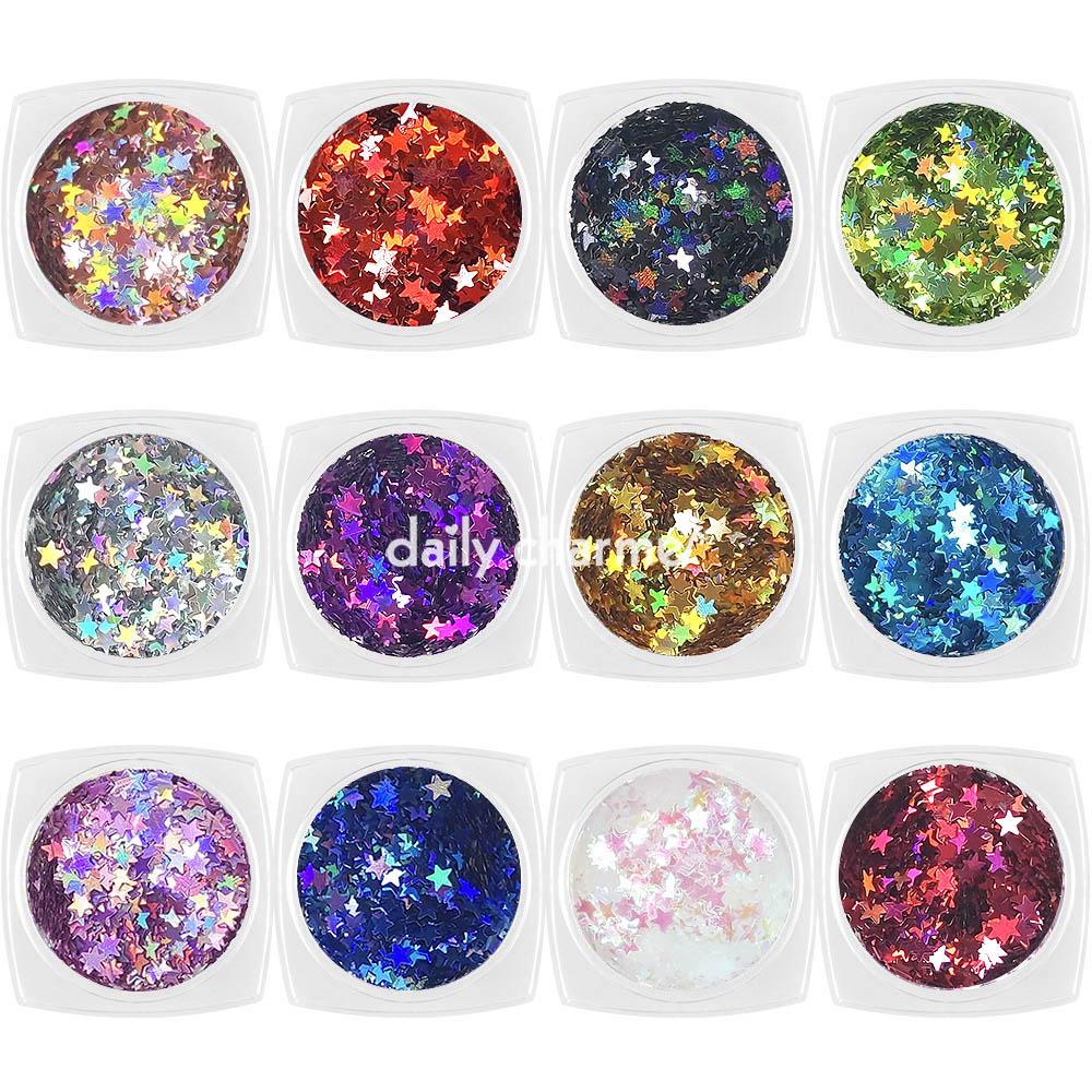 Daily Charme Nail Art Colorful Holographic Stars Glitter Set / 12 Jars