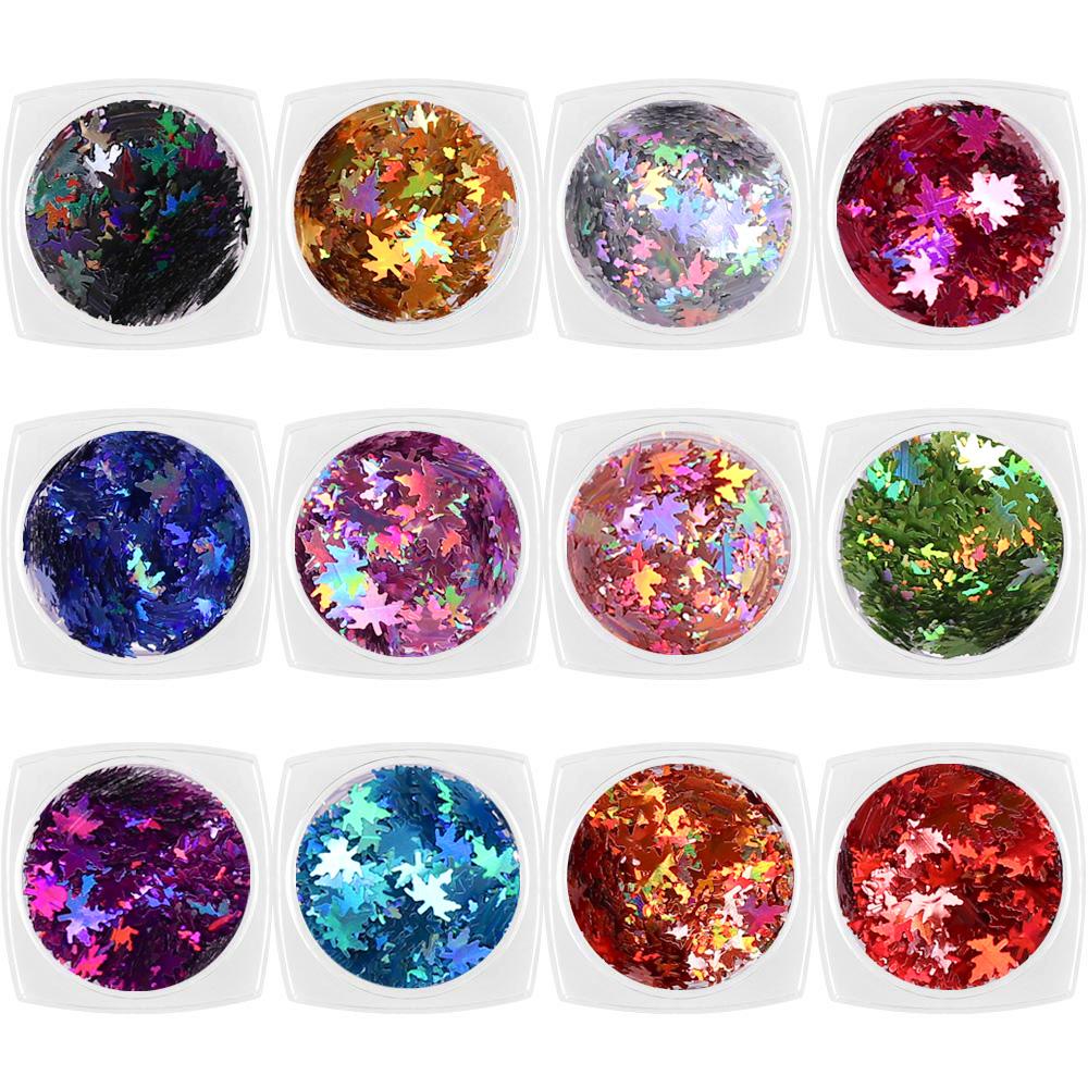 Colorful Holographic Maple Leaf Glitter Set / 12 Jars Rainbow Nail Art