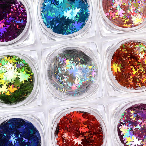 Colorful Holographic Maple Leaf Glitter Set / 12 Jars Rainbow Nail Art