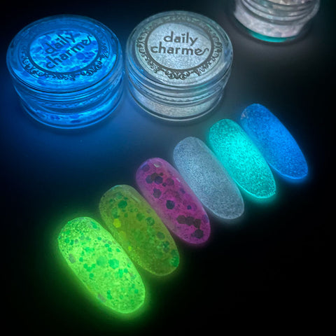 Iridescent Glow in the Dark Mix Glitter Set / 12 Jars Nail Art Purple White Blue Green Fairy Dust