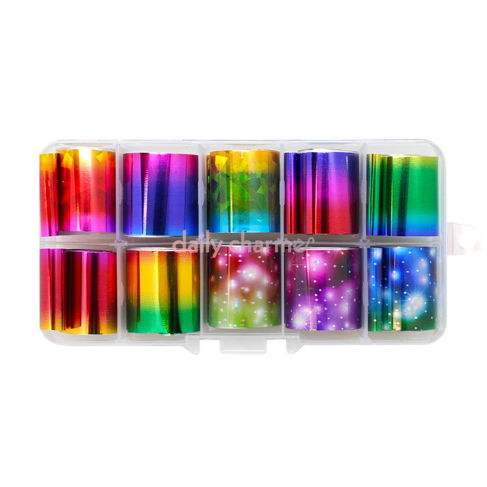 Nail Art Foil Box Set / 10 Colors / Rainbow Galaxy Colorful Ombre
