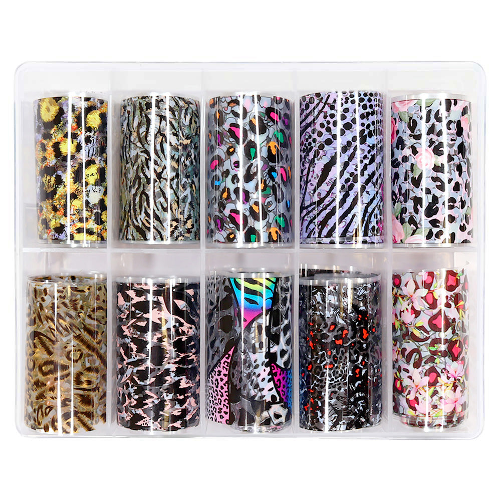 Nail Art Foil Box Set / 10 Designs / Leopard Print Pink Rainbow Rose