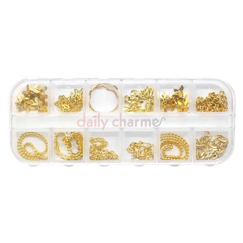 Gold Metallic Chains Set / 12 Designs Nail Art Decorations