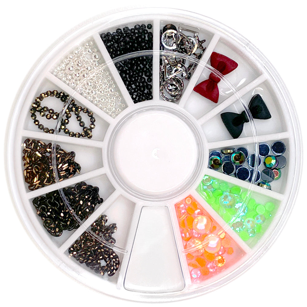 Halloween Nail Art Wheel / 12 Decors Black Gunmetal Studs Rhinestone Bow Caviar Beads