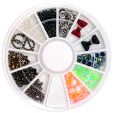 Halloween Nail Art Wheel / 12 Decors Black Gunmetal Studs Rhinestone Bow Caviar Beads