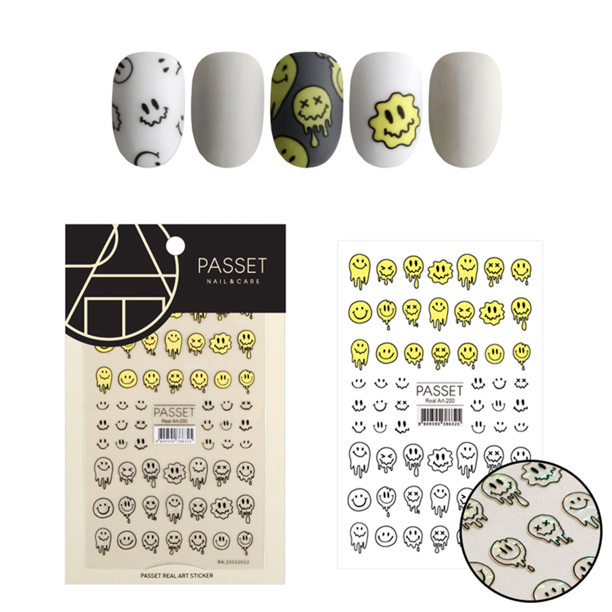 Passet Nail Art Sticker / Drippy Smileys Yellow Iridescent Korean Nail Supply Quality