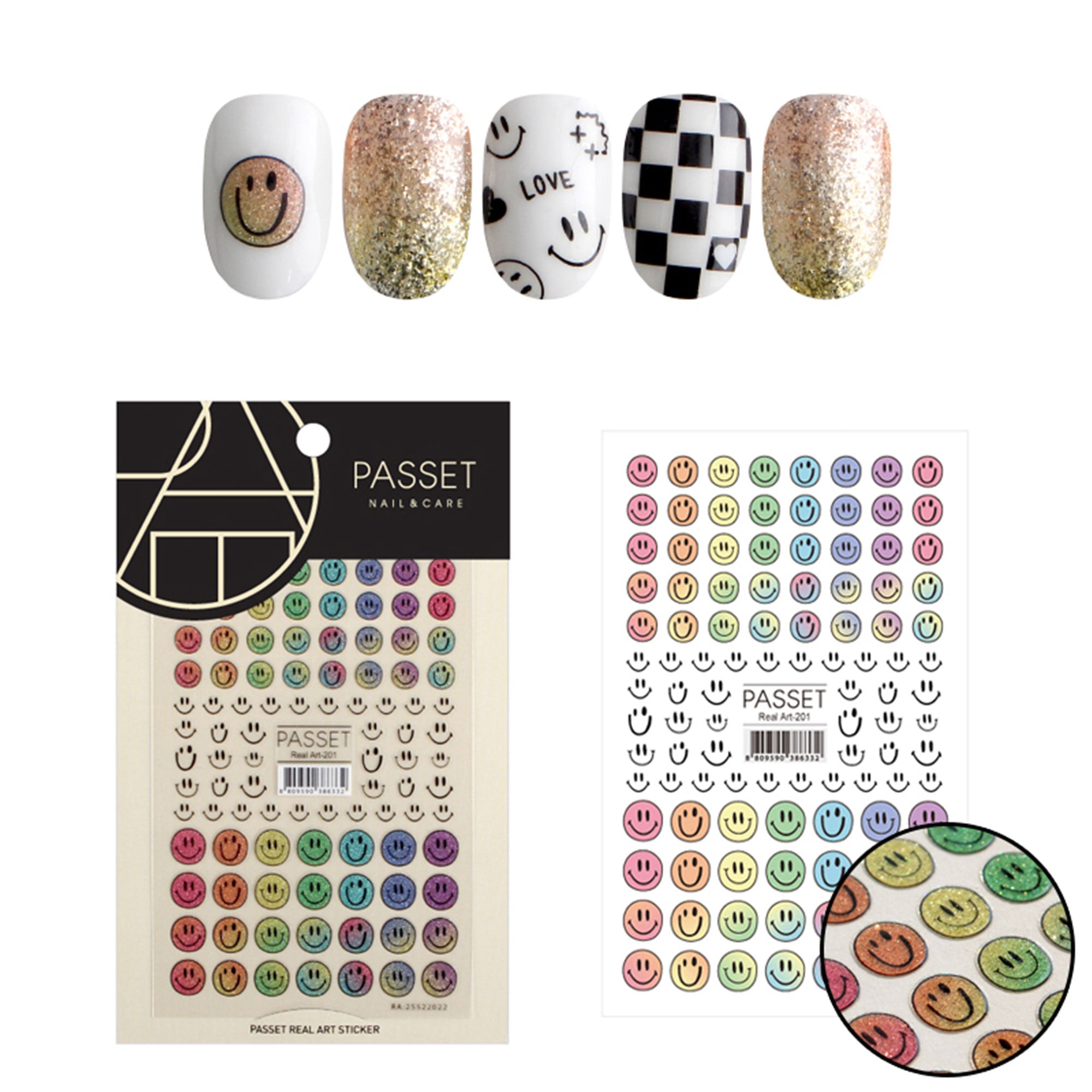 Passet Nail Art Sticker / Sparkly Smileys Rainbow Glitter Design Trendy Emoji
