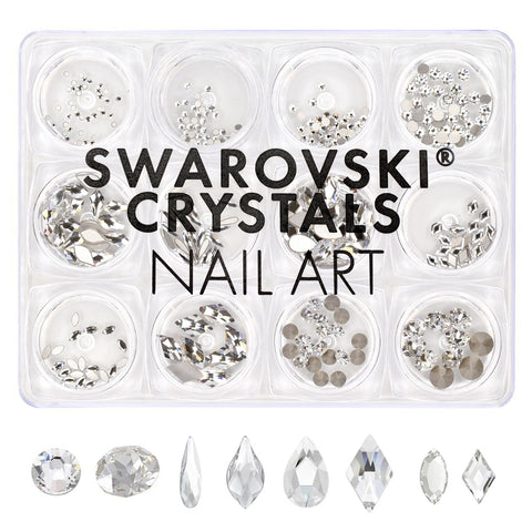 Swarovski Crystals Nail Art Box Set / Clear / 12 Jars Round Raindrop Rhombus Bundle